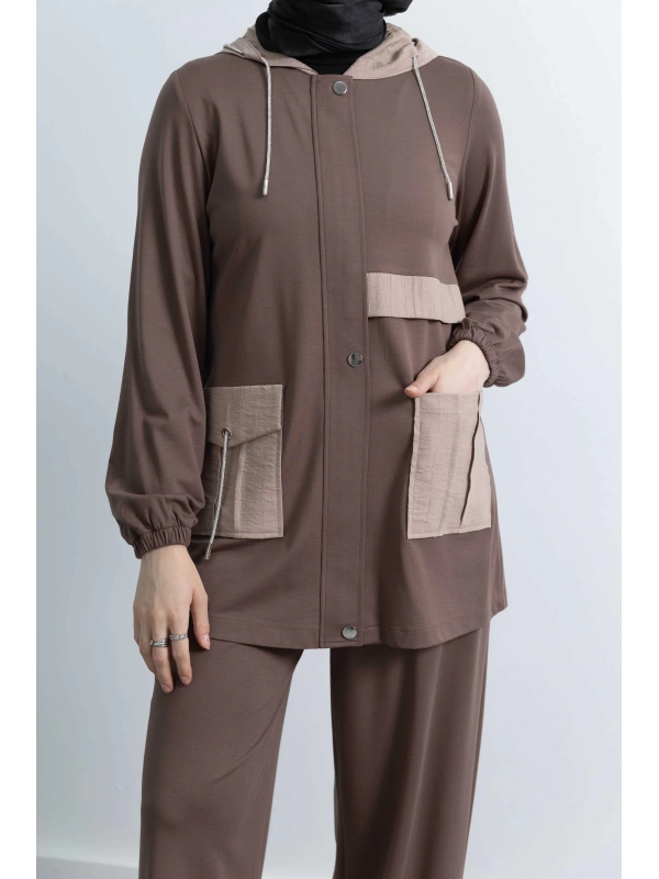 GARNİ KUMAŞLI ALLERLİ PANTOLON TAKIM - KAHVE