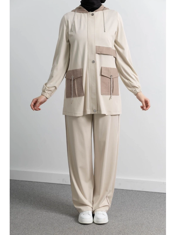 GARNİ KUMAŞLI ALLERLİ PANTOLON TAKIM - BEJ