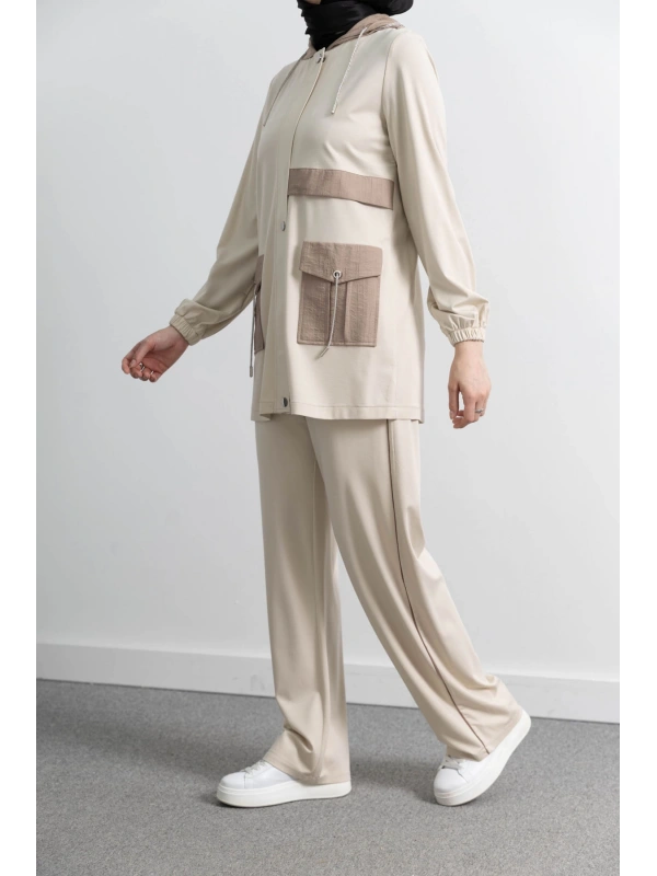 GARNİ KUMAŞLI ALLERLİ PANTOLON TAKIM - BEJ