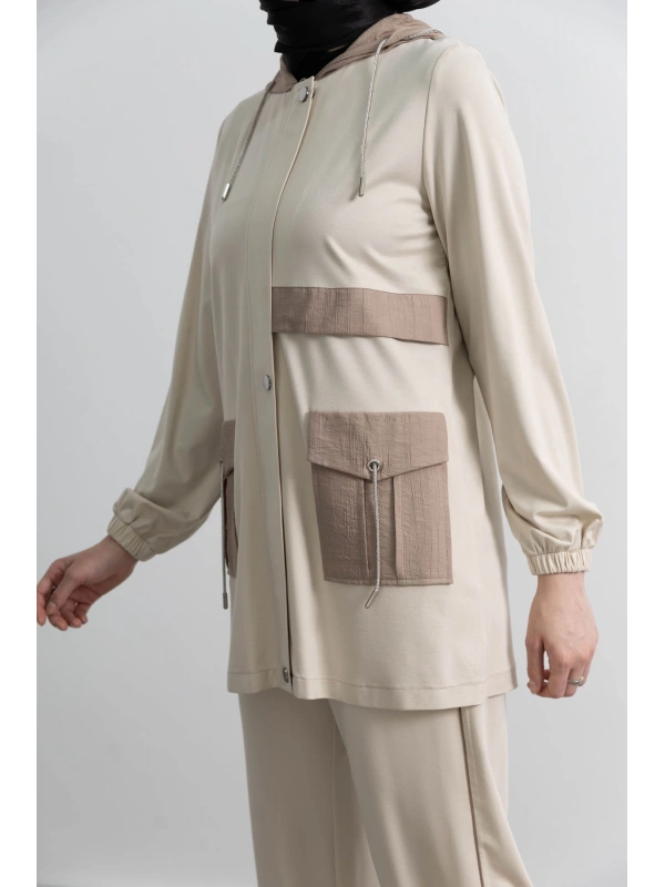 GARNİ KUMAŞLI ALLERLİ PANTOLON TAKIM - BEJ