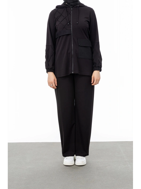 NERVÜR DETAYLI İNCİ PANT. TAKIM - SİYAH