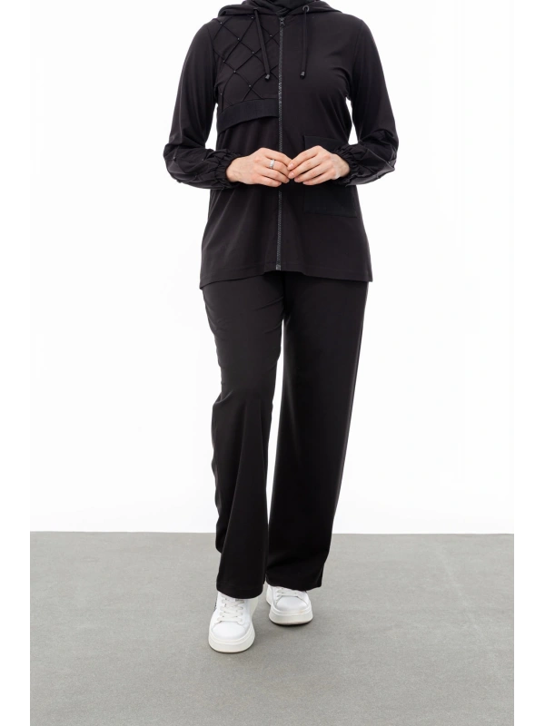 NERVÜR DETAYLI İNCİ PANT. TAKIM - SİYAH