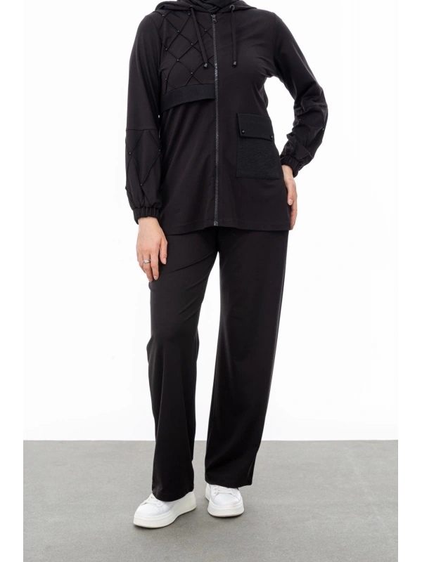 NERVÜR DETAYLI İNCİ PANT. TAKIM - SİYAH