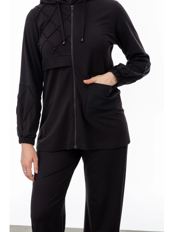 NERVÜR DETAYLI İNCİ PANT. TAKIM - SİYAH