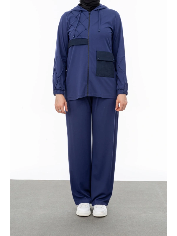 NERVÜR DETAYLI İNCİ PANT. TAKIM - LACİVERT