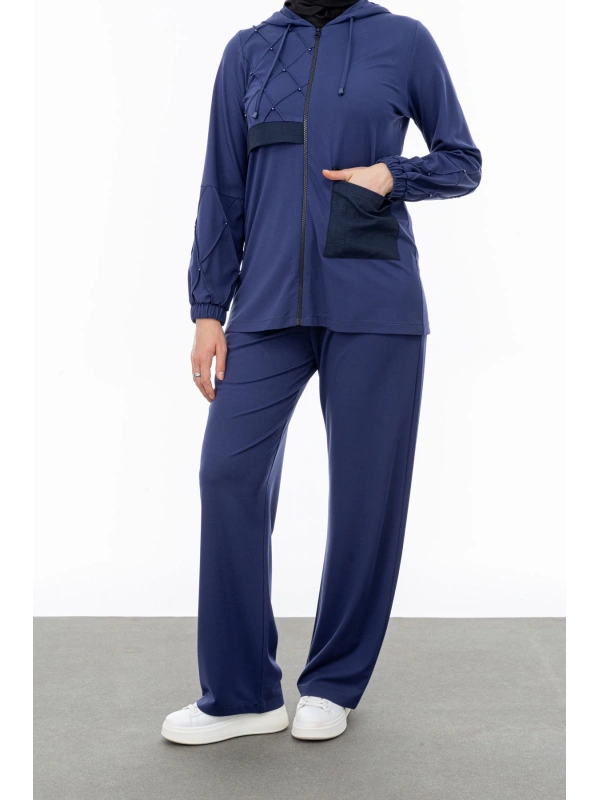 NERVÜR DETAYLI İNCİ PANT. TAKIM - LACİVERT