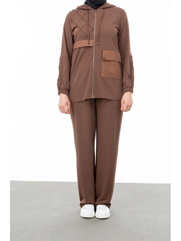 NERVÜR DETAYLI İNCİ PANT. TAKIM - KAHVE