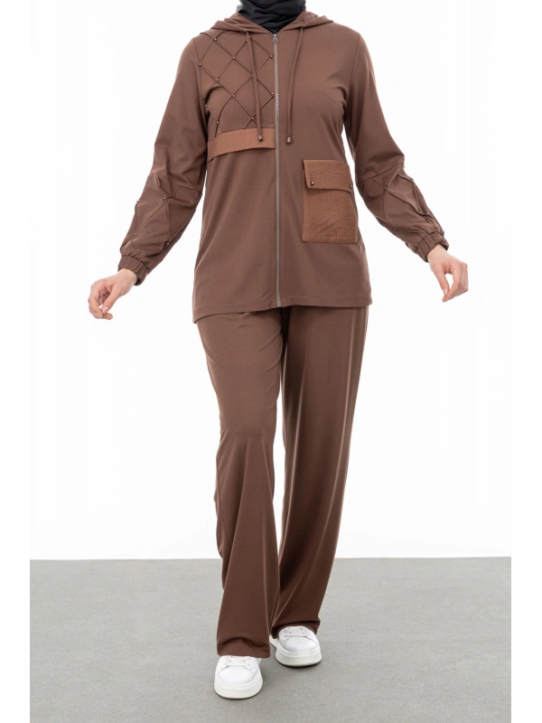 NERVÜR DETAYLI İNCİ PANT. TAKIM - KAHVE