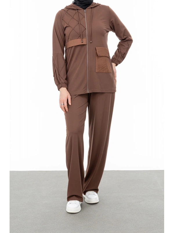 NERVÜR DETAYLI İNCİ PANT. TAKIM - KAHVE