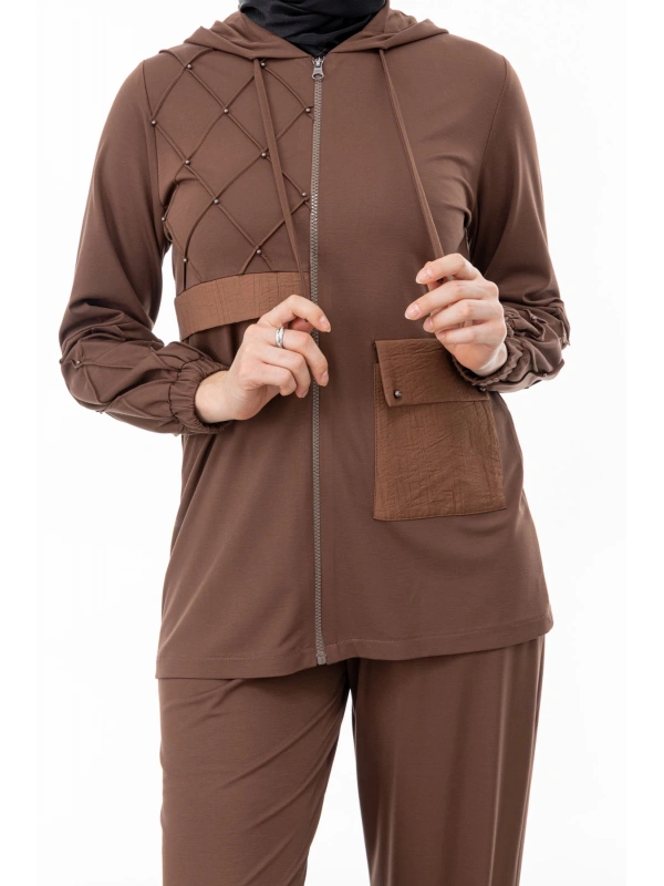 NERVÜR DETAYLI İNCİ PANT. TAKIM - KAHVE