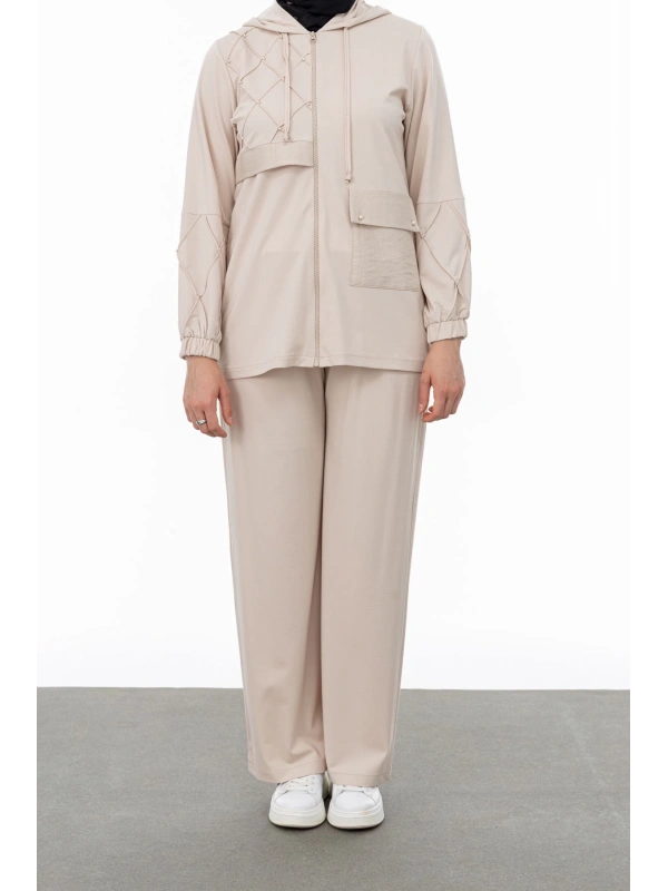 NERVÜR DETAYLI İNCİ PANT. TAKIM - BEJ