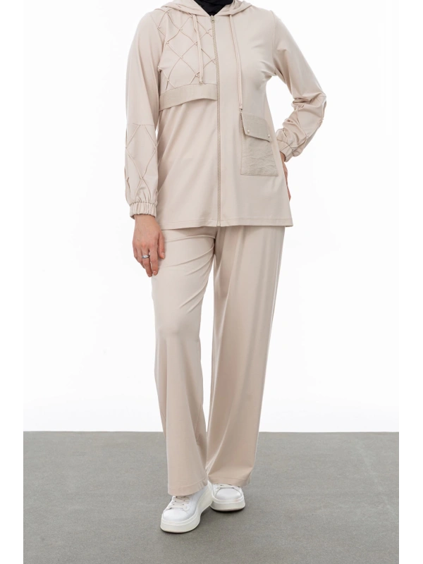NERVÜR DETAYLI İNCİ PANT. TAKIM - BEJ