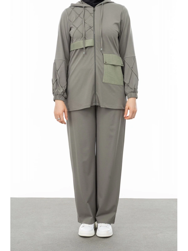 NERVÜR DETAYLI İNCİ PANT. TAKIM - KOYU HAKİ