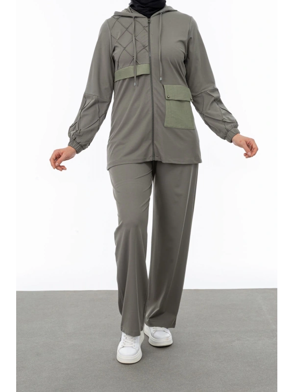 NERVÜR DETAYLI İNCİ PANT. TAKIM - KOYU HAKİ