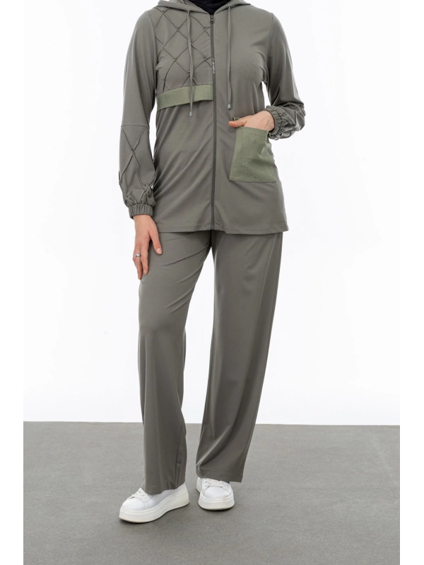 NERVÜR DETAYLI İNCİ PANT. TAKIM - KOYU HAKİ