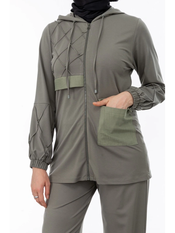 NERVÜR DETAYLI İNCİ PANT. TAKIM - KOYU HAKİ