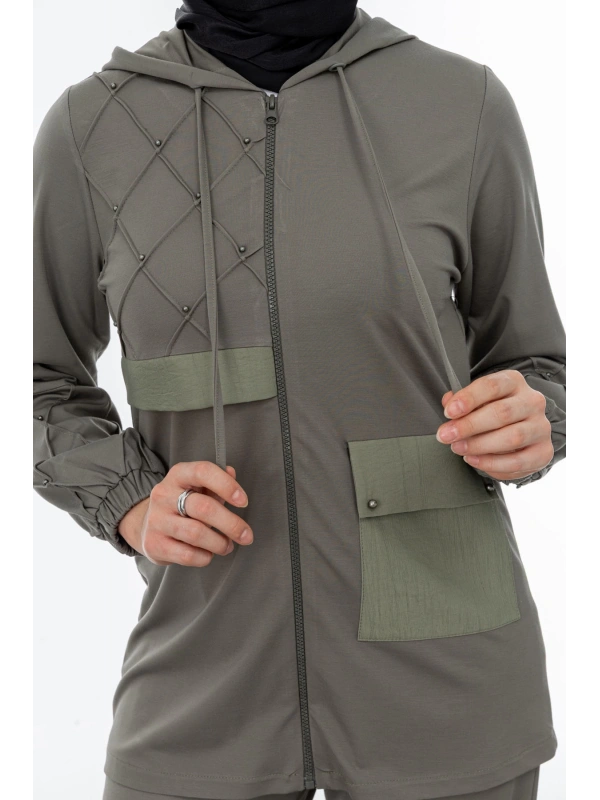 NERVÜR DETAYLI İNCİ PANT. TAKIM - KOYU HAKİ