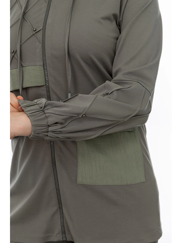 NERVÜR DETAYLI İNCİ PANT. TAKIM - KOYU HAKİ