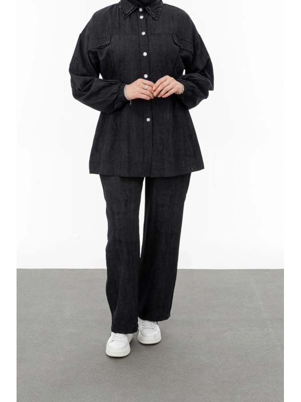 YAKASI VE ALLERİ TAŞLI PANTOLON TAKIM - SİYAH