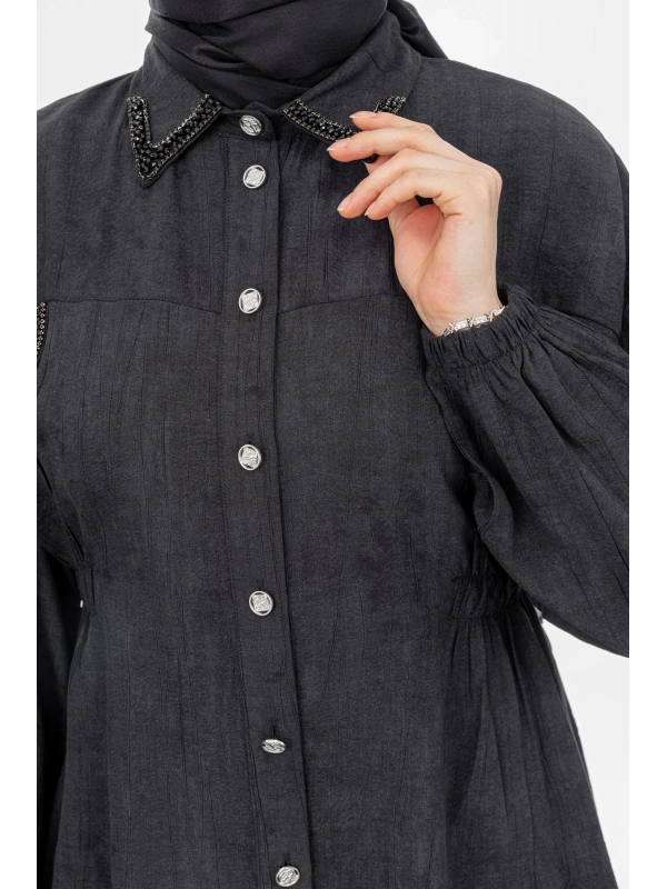 YAKASI VE ALLERİ TAŞLI PANTOLON TAKIM - SİYAH