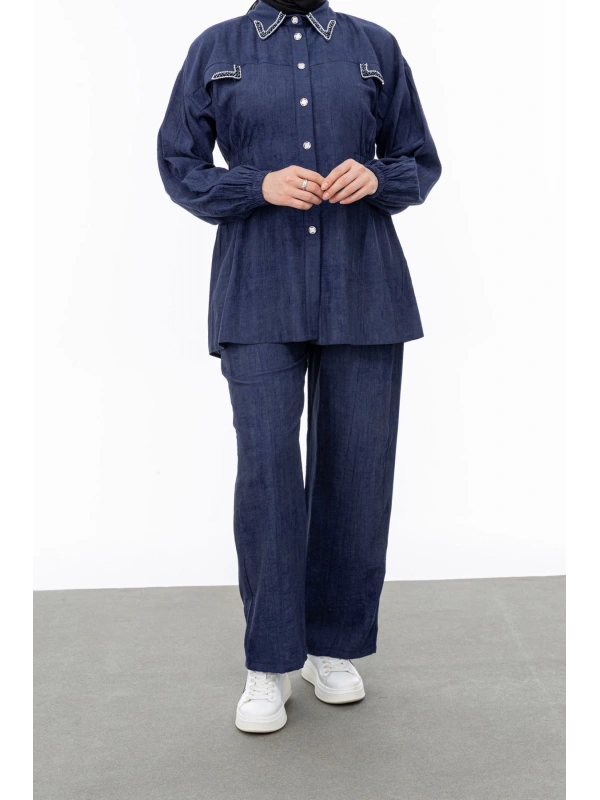 YAKASI VE ALLERİ TAŞLI PANTOLON TAKIM - LACİVERT