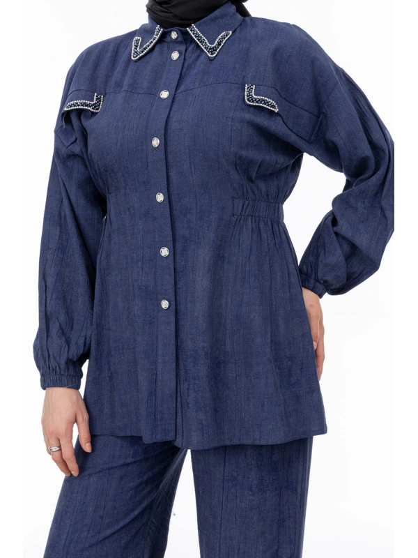 YAKASI VE ALLERİ TAŞLI PANTOLON TAKIM - LACİVERT