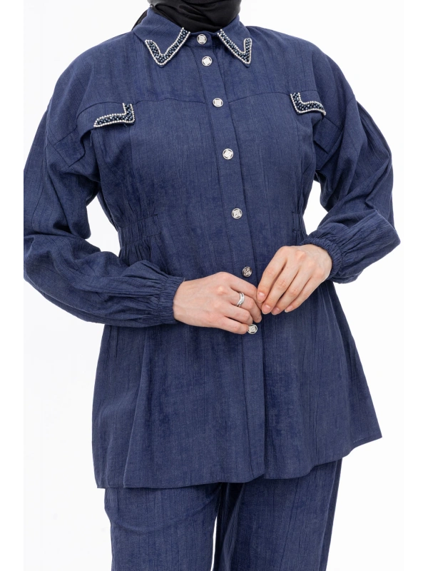 YAKASI VE ALLERİ TAŞLI PANTOLON TAKIM - LACİVERT