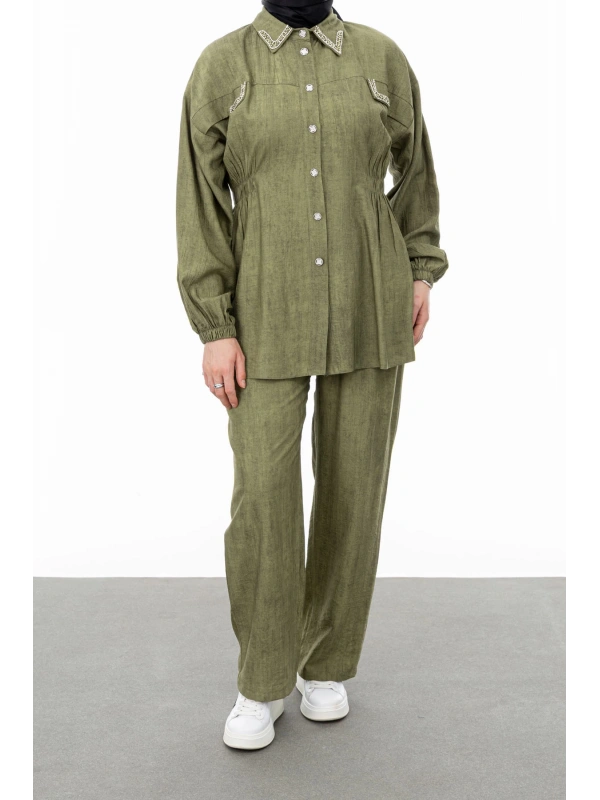 YAKASI VE ALLERİ TAŞLI PANTOLON TAKIM - HAKİ