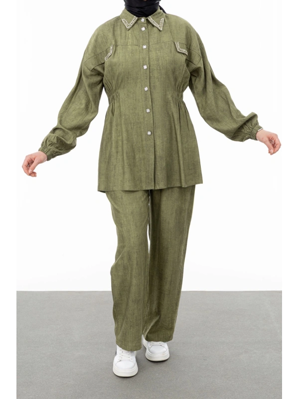 YAKASI VE ALLERİ TAŞLI PANTOLON TAKIM - HAKİ