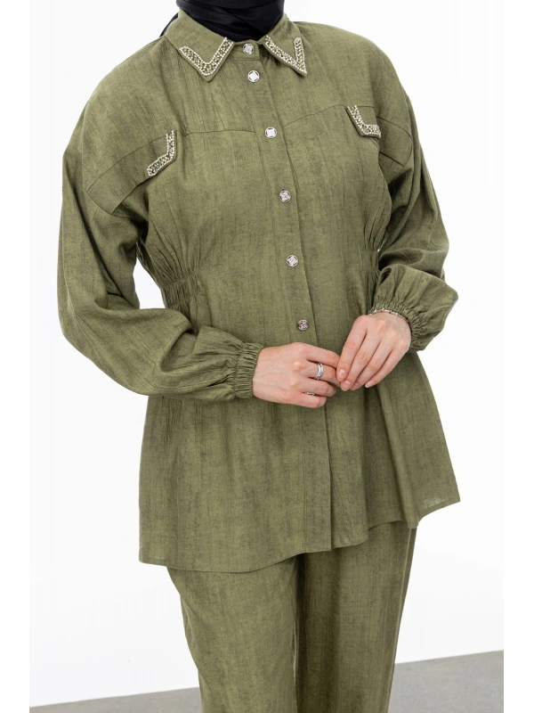 YAKASI VE ALLERİ TAŞLI PANTOLON TAKIM - HAKİ