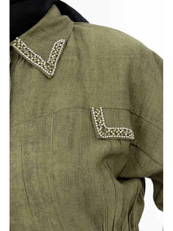 YAKASI VE ALLERİ TAŞLI PANTOLON TAKIM - HAKİ