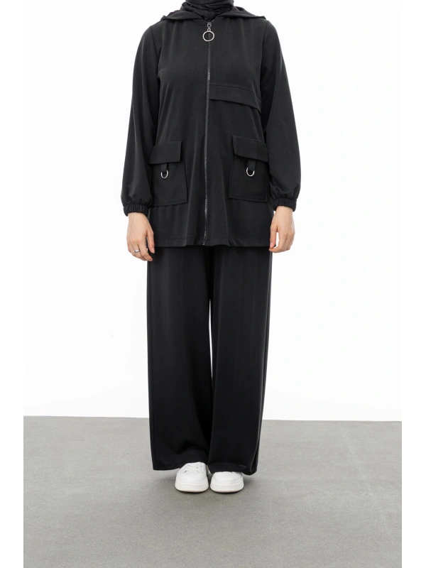 ALLERLİ CEPLERİ HALKA DETAYLI PANTOLON TAKIM - SİYAH