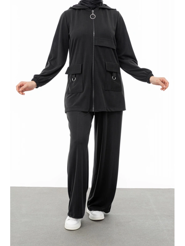 ALLERLİ CEPLERİ HALKA DETAYLI PANTOLON TAKIM - SİYAH