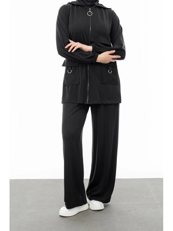 ALLERLİ CEPLERİ HALKA DETAYLI PANTOLON TAKIM - SİYAH