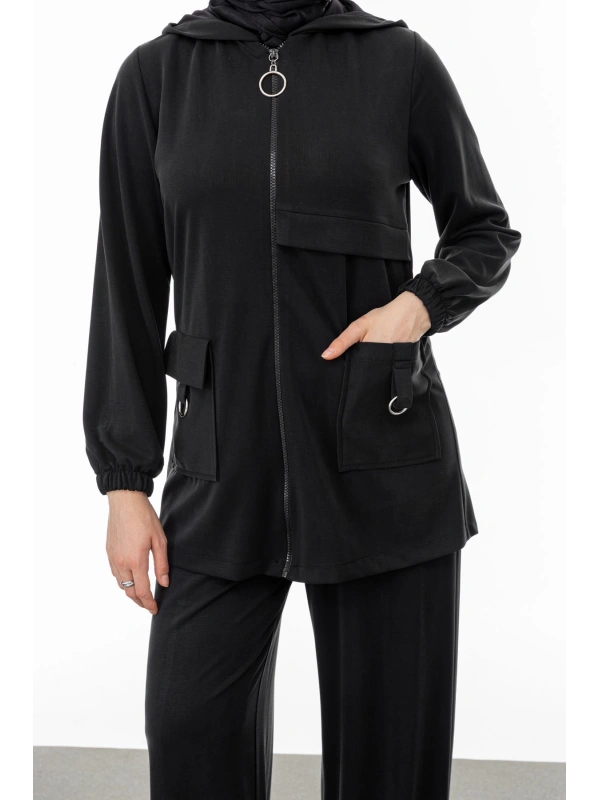 ALLERLİ CEPLERİ HALKA DETAYLI PANTOLON TAKIM - SİYAH