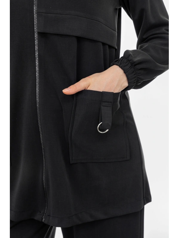 ALLERLİ CEPLERİ HALKA DETAYLI PANTOLON TAKIM - SİYAH