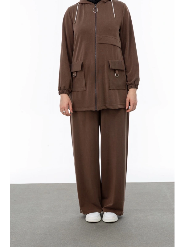 ALLERLİ CEPLERİ HALKA DETAYLI PANTOLON TAKIM - KAHVE