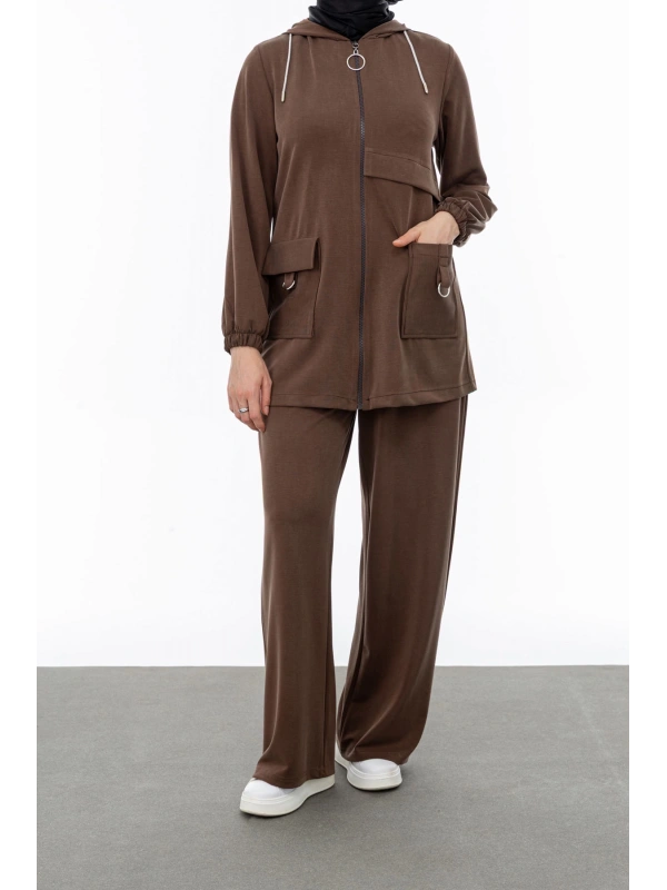 ALLERLİ CEPLERİ HALKA DETAYLI PANTOLON TAKIM - KAHVE