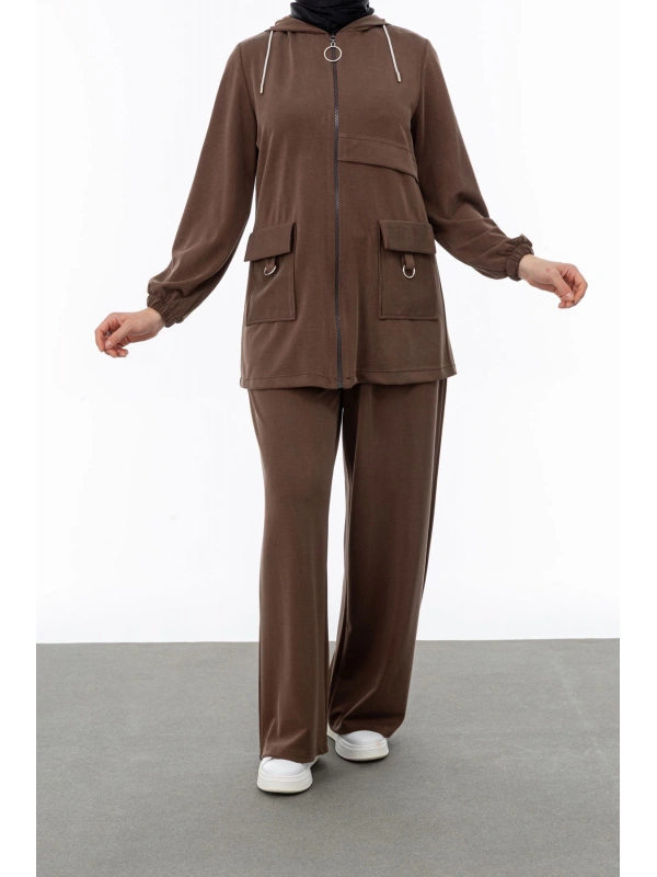 ALLERLİ CEPLERİ HALKA DETAYLI PANTOLON TAKIM - KAHVE