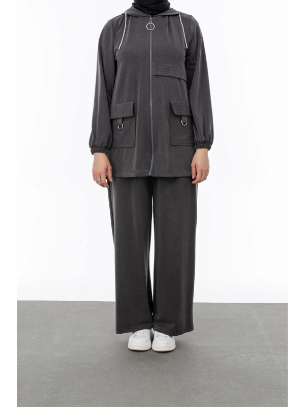 ALLERLİ CEPLERİ HALKA DETAYLI PANTOLON TAKIM - GRİ