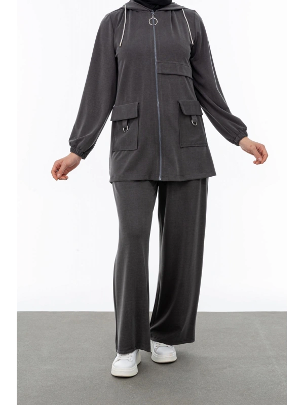 ALLERLİ CEPLERİ HALKA DETAYLI PANTOLON TAKIM - GRİ