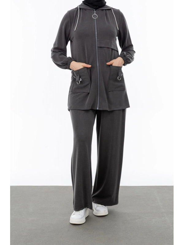 ALLERLİ CEPLERİ HALKA DETAYLI PANTOLON TAKIM - GRİ