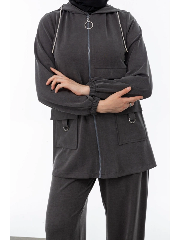 ALLERLİ CEPLERİ HALKA DETAYLI PANTOLON TAKIM - GRİ