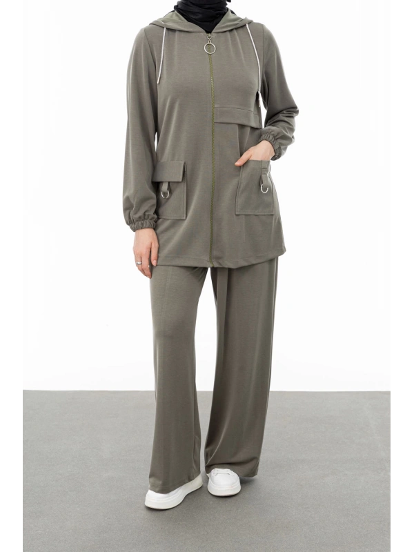 ALLERLİ CEPLERİ HALKA DETAYLI PANTOLON TAKIM - HAKİ