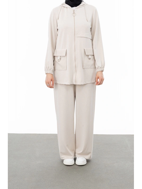 ALLERLİ CEPLERİ HALKA DETAYLI PANTOLON TAKIM - VANİLLA