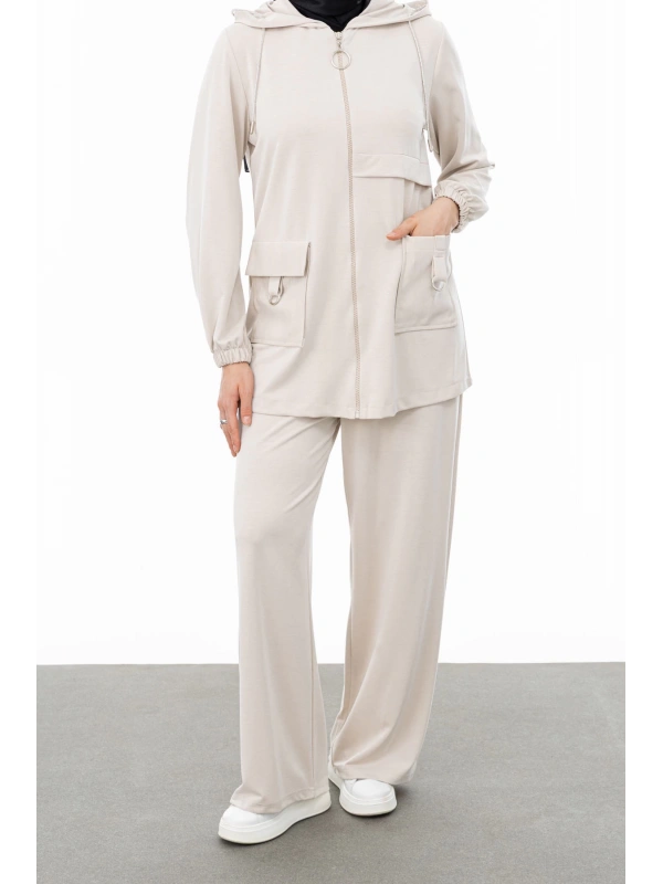 ALLERLİ CEPLERİ HALKA DETAYLI PANTOLON TAKIM - VANİLLA