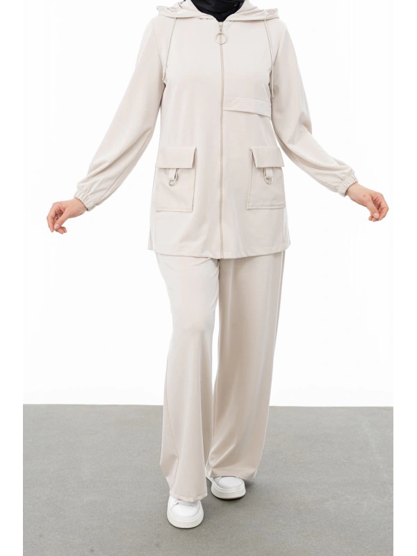 ALLERLİ CEPLERİ HALKA DETAYLI PANTOLON TAKIM - VANİLLA