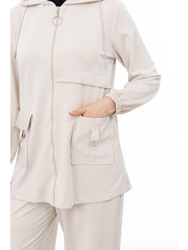 ALLERLİ CEPLERİ HALKA DETAYLI PANTOLON TAKIM - VANİLLA