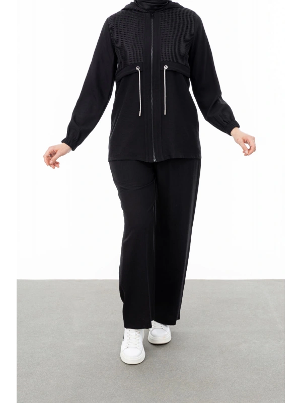 BELDEN ALLERLİ FİLELİ PANTOLON TAKIM - SİYAH