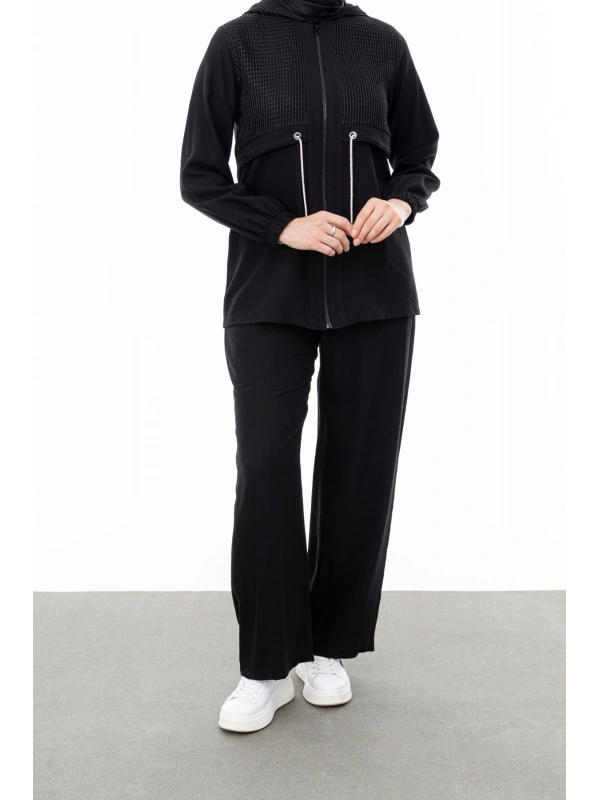 BELDEN ALLERLİ FİLELİ PANTOLON TAKIM - SİYAH